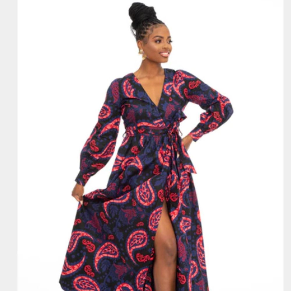 Diyanu Rehema Women's African Print Maxi Dress (Black Maroon Paisley)